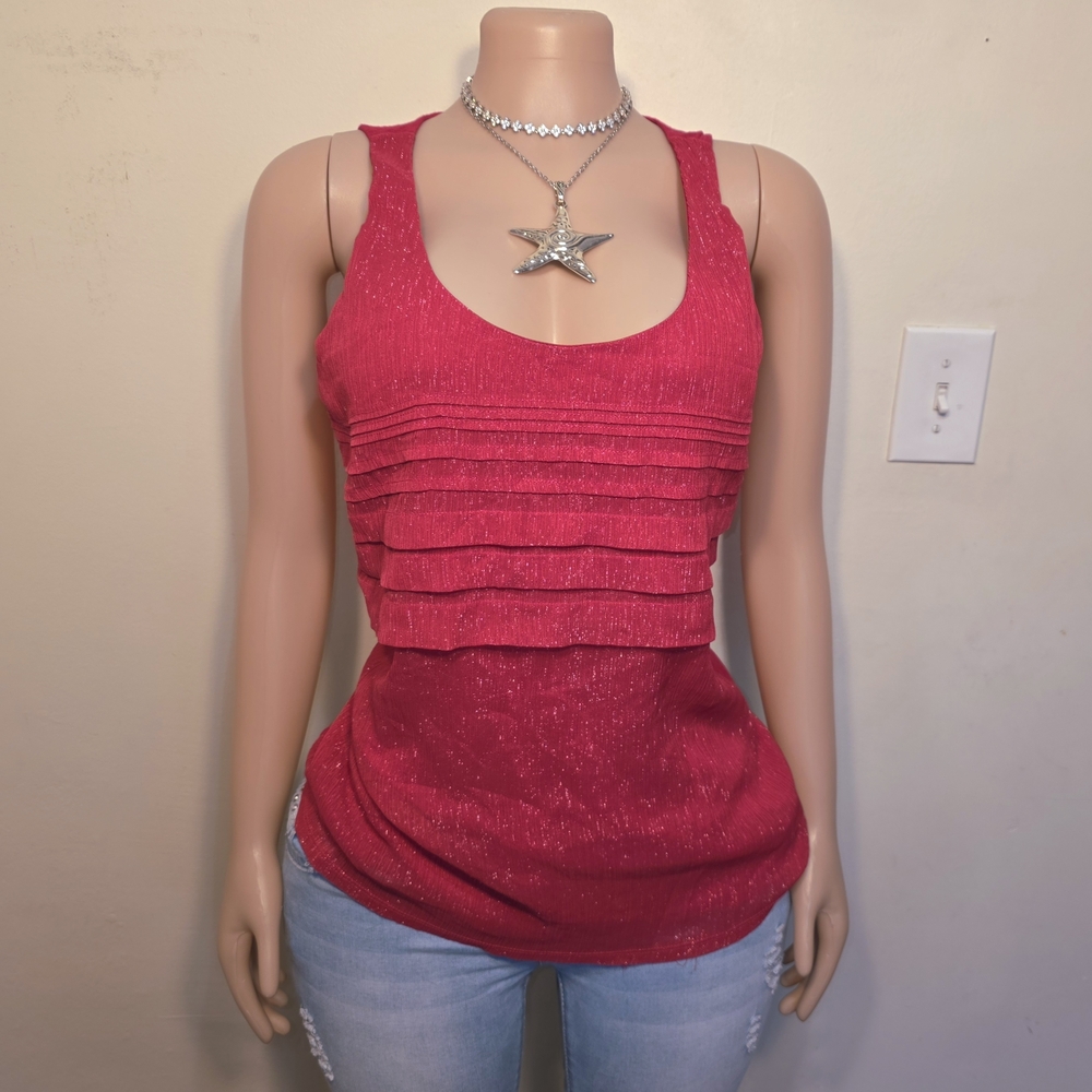 Express Pink Silver Shimmery Sleeveless Ruffle Front Tank Top